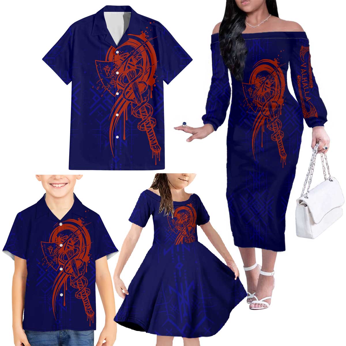 Valhalla Warrior Viking Family Matching Off The Shoulder Long Sleeve Dress and Hawaiian Shirt with Axes and Norse Symbols Norse Mythology Tribute - Wonder Print Shop