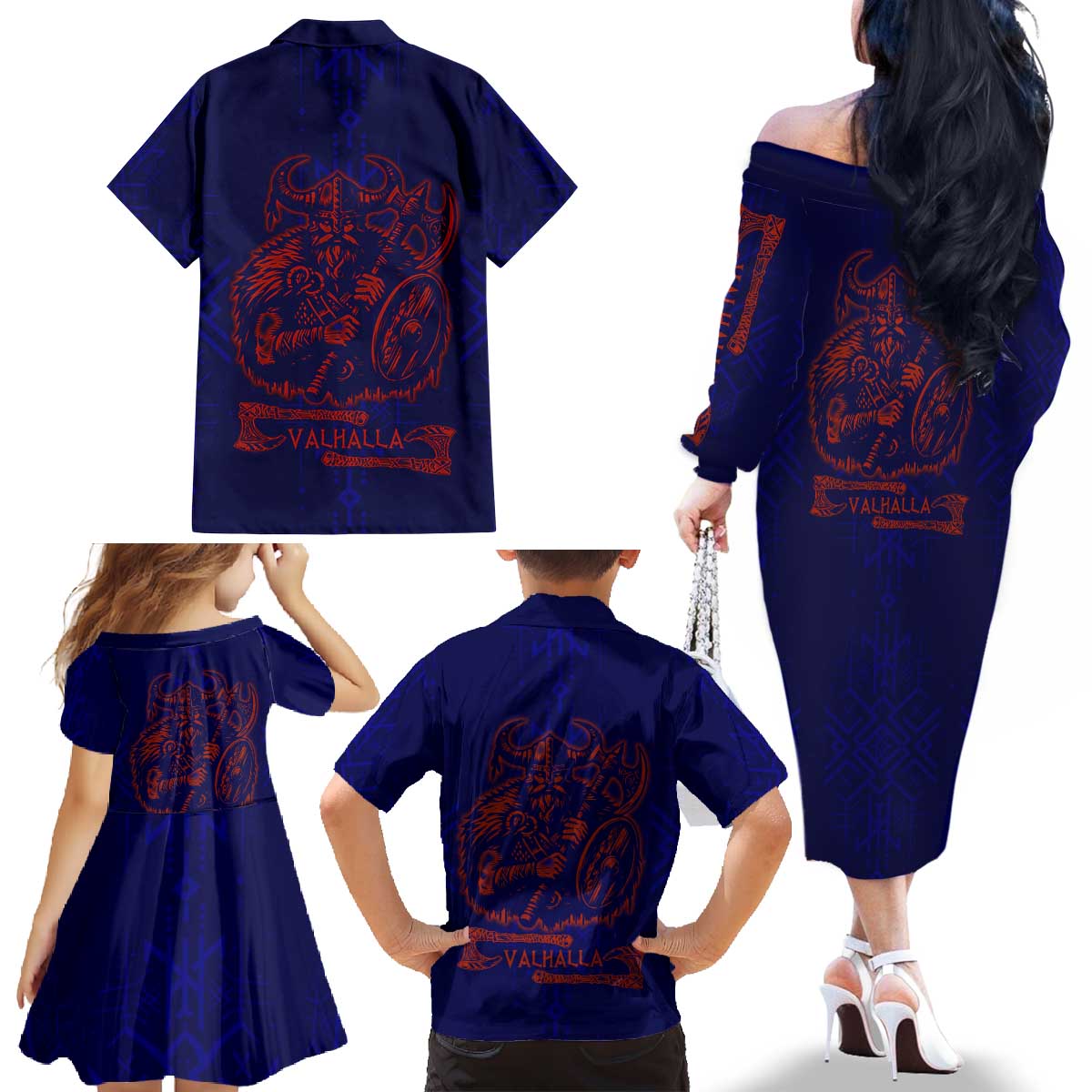 Valhalla Warrior Viking Family Matching Off The Shoulder Long Sleeve Dress and Hawaiian Shirt with Axes and Norse Symbols Norse Mythology Tribute - Wonder Print Shop