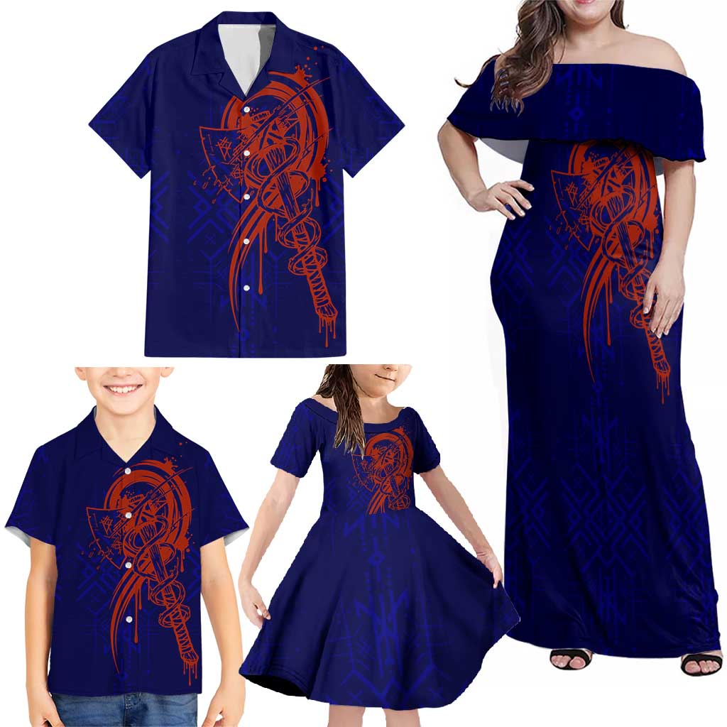 Valhalla Warrior Viking Family Matching Off Shoulder Maxi Dress and Hawaiian Shirt with Axes and Norse Symbols Norse Mythology Tribute - Wonder Print Shop