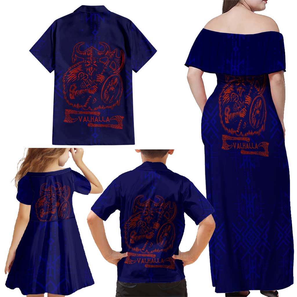 Valhalla Warrior Viking Family Matching Off Shoulder Maxi Dress and Hawaiian Shirt with Axes and Norse Symbols Norse Mythology Tribute - Wonder Print Shop