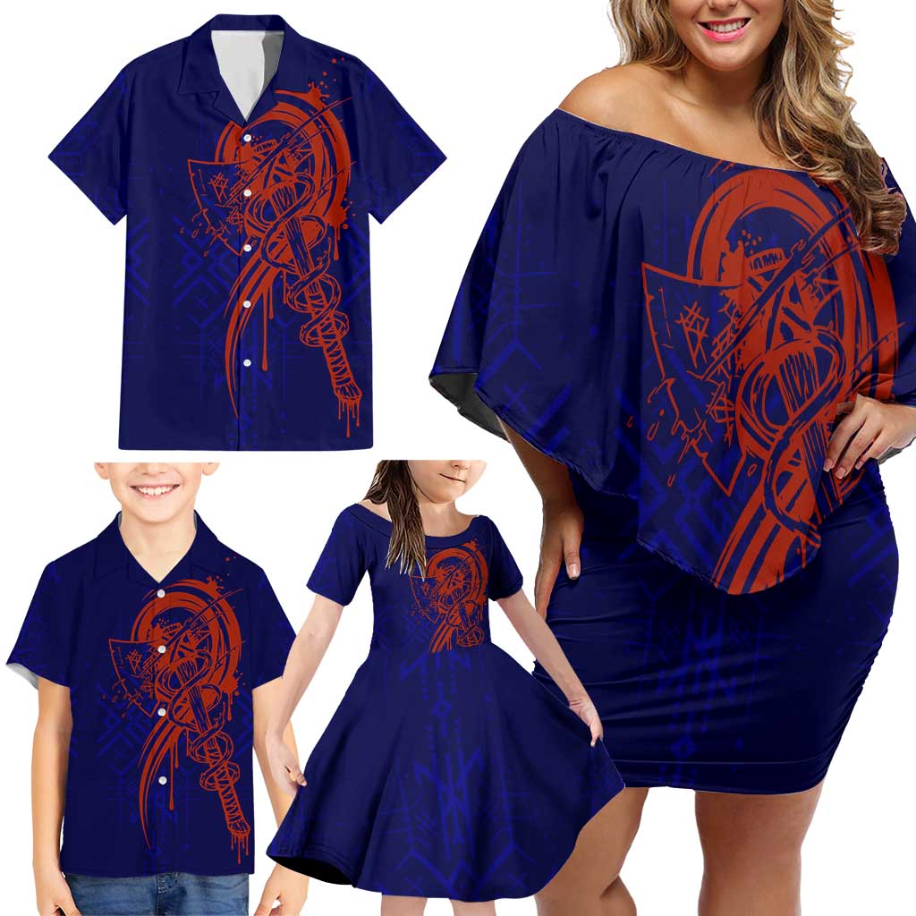 Valhalla Warrior Viking Family Matching Off Shoulder Short Dress and Hawaiian Shirt with Axes and Norse Symbols Norse Mythology Tribute - Wonder Print Shop