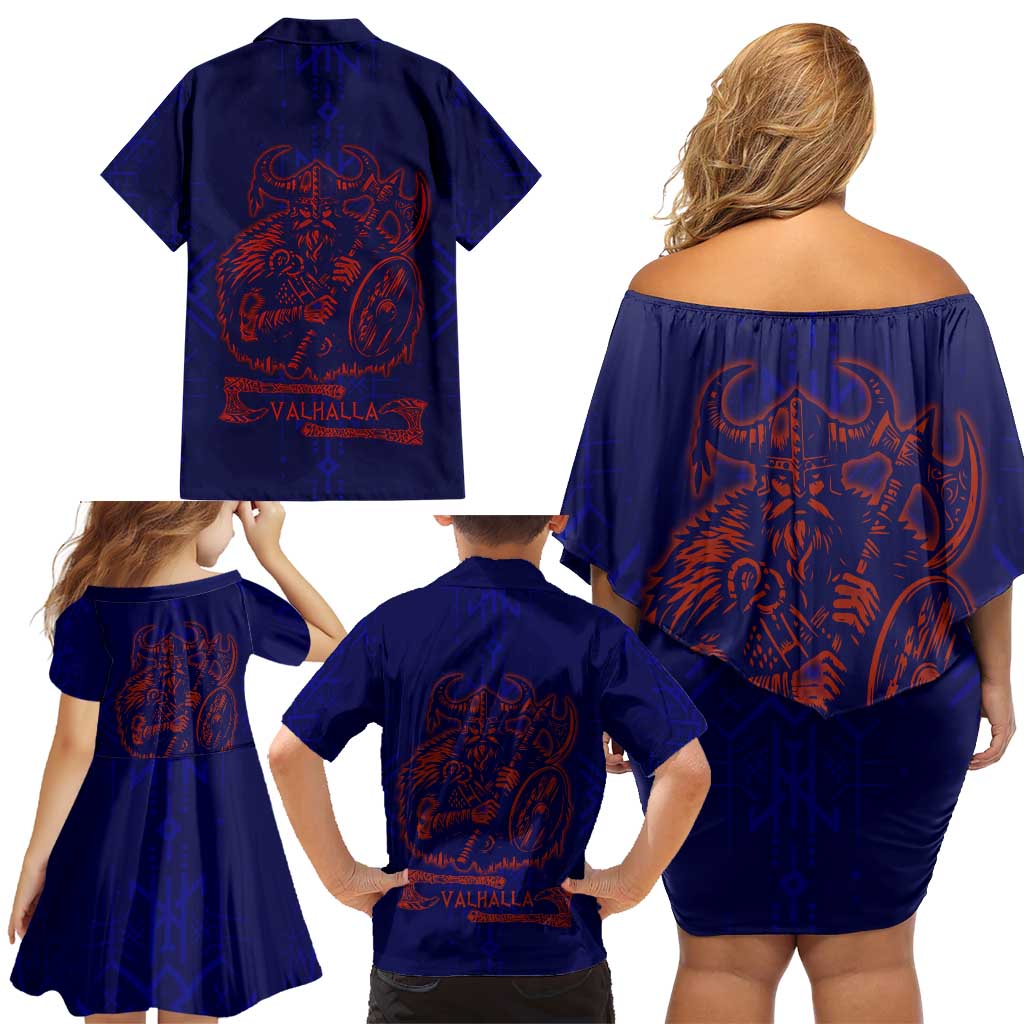Valhalla Warrior Viking Family Matching Off Shoulder Short Dress and Hawaiian Shirt with Axes and Norse Symbols Norse Mythology Tribute - Wonder Print Shop