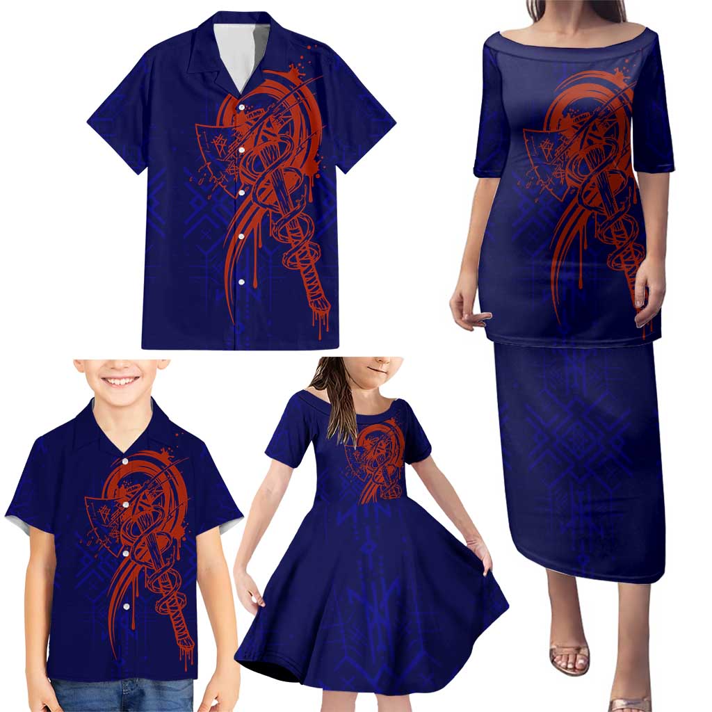 Valhalla Warrior Viking Family Matching Puletasi and Hawaiian Shirt with Axes and Norse Symbols Norse Mythology Tribute - Wonder Print Shop