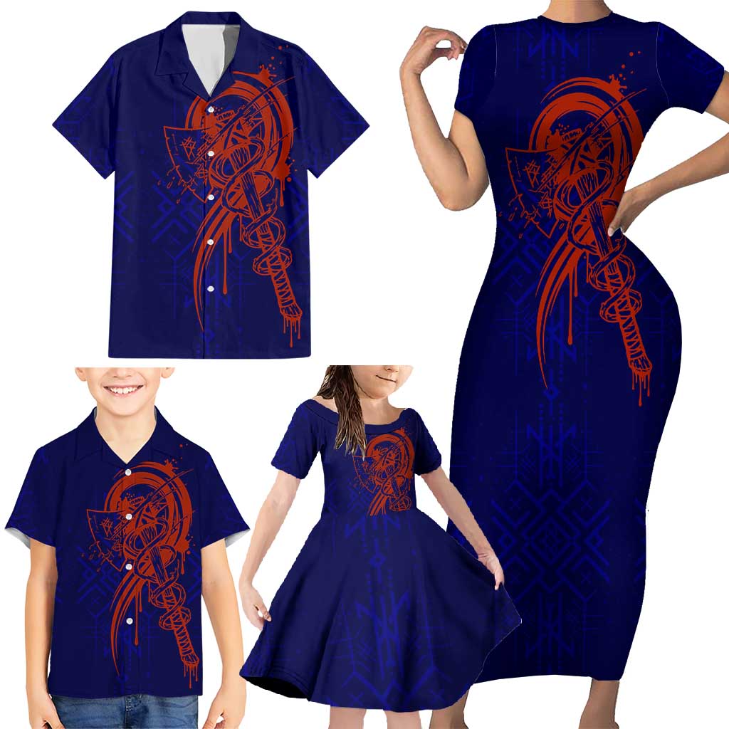 Valhalla Warrior Viking Family Matching Short Sleeve Bodycon Dress and Hawaiian Shirt with Axes and Norse Symbols Norse Mythology Tribute - Wonder Print Shop