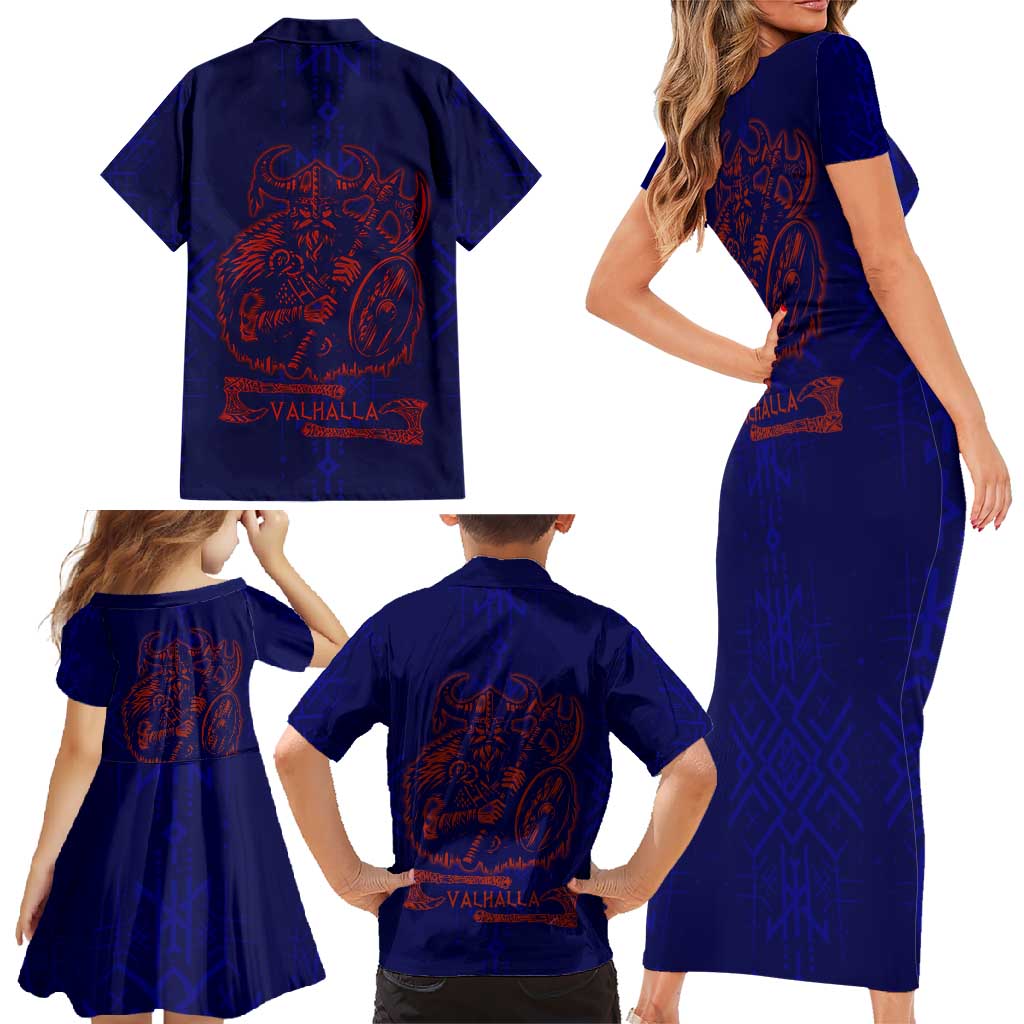 Valhalla Warrior Viking Family Matching Short Sleeve Bodycon Dress and Hawaiian Shirt with Axes and Norse Symbols Norse Mythology Tribute - Wonder Print Shop