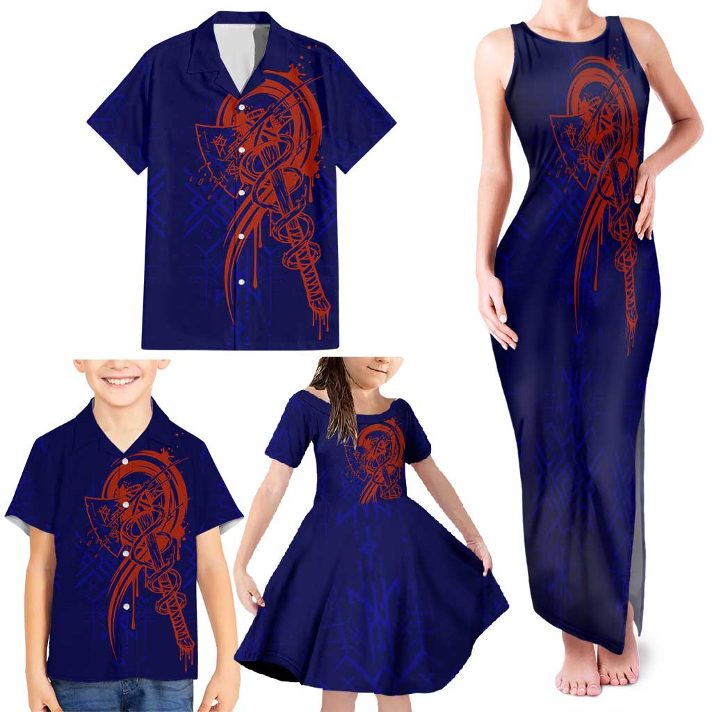 Valhalla Warrior Viking Family Matching Tank Maxi Dress and Hawaiian Shirt with Axes and Norse Symbols Norse Mythology Tribute - Wonder Print Shop