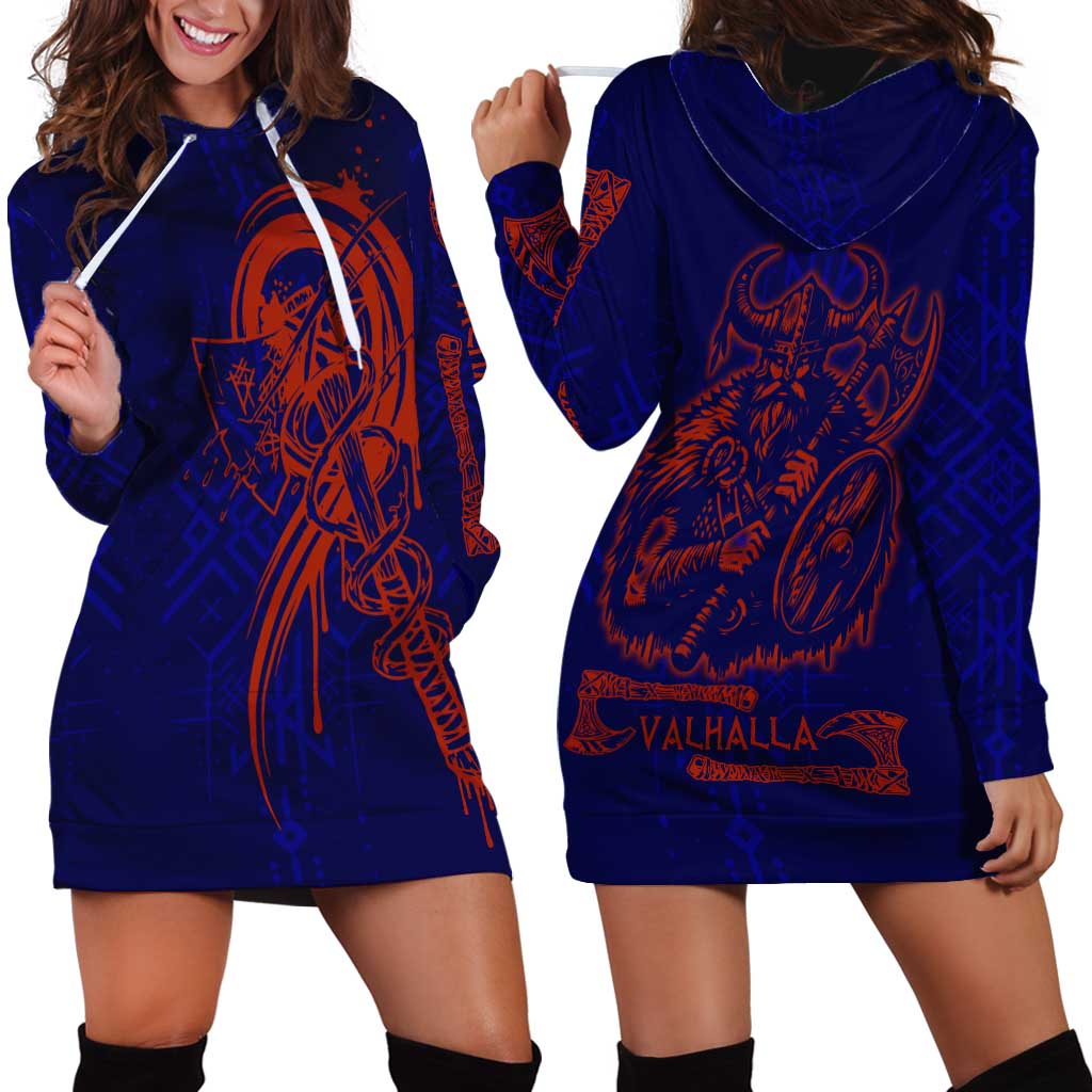 Valhalla Warrior Viking Hoodie Dress with Axes and Norse Symbols Norse Mythology Tribute - Wonder Print Shop