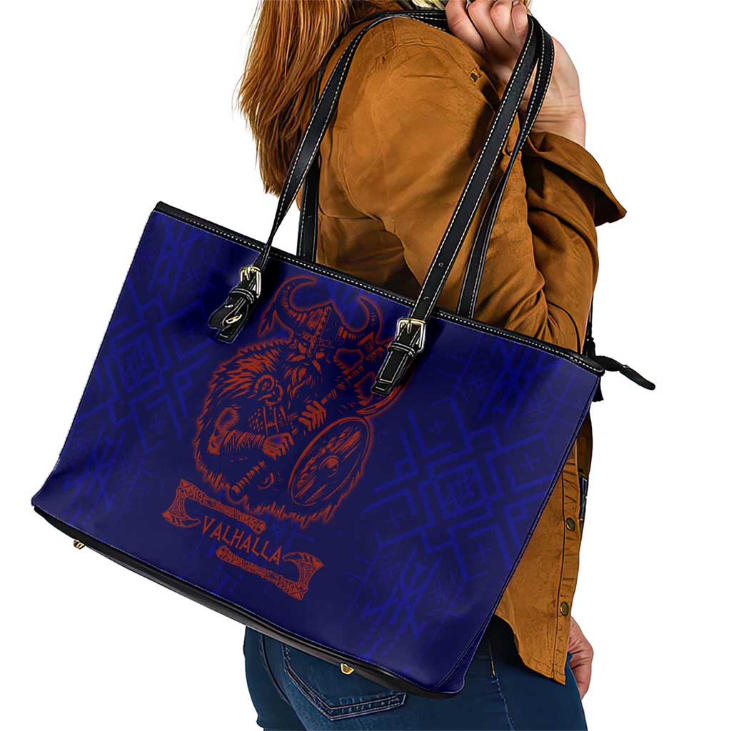 Valhalla Warrior Viking Leather Tote Bag with Axes and Norse Symbols Norse Mythology Tribute - Wonder Print Shop