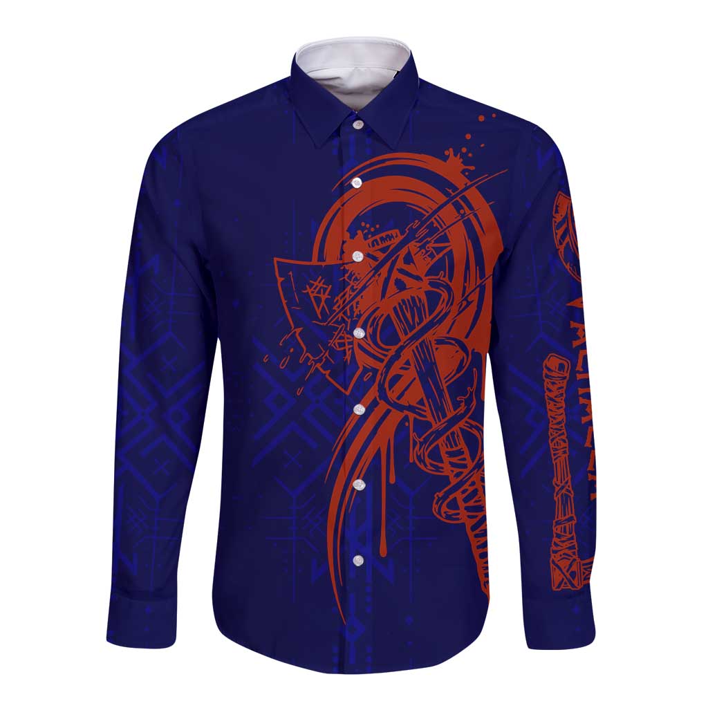Valhalla Warrior Viking Long Sleeve Button Shirt with Axes and Norse Symbols Norse Mythology Tribute - Wonder Print Shop
