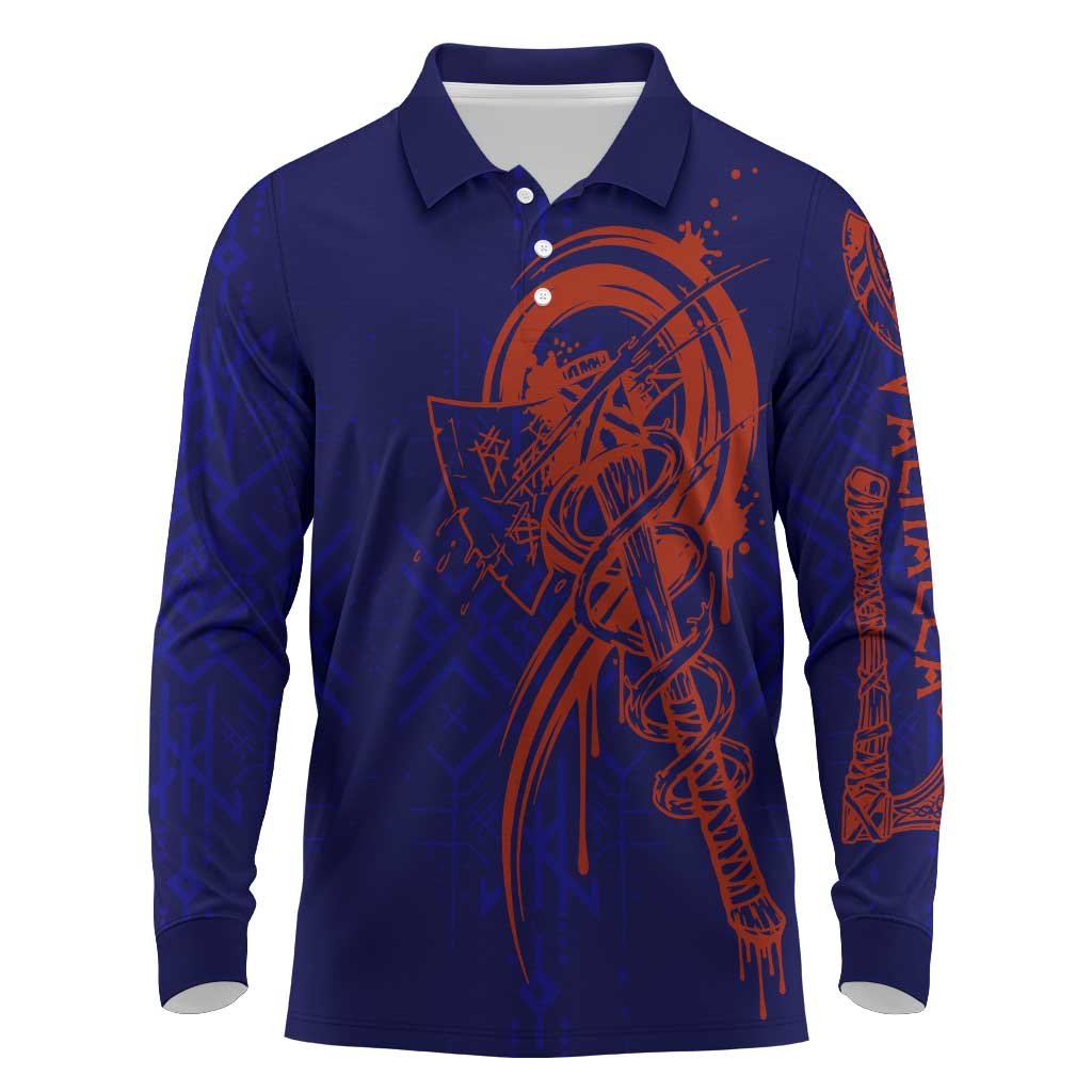 Valhalla Warrior Viking Long Sleeve Polo Shirt with Axes and Norse Symbols Norse Mythology Tribute - Wonder Print Shop