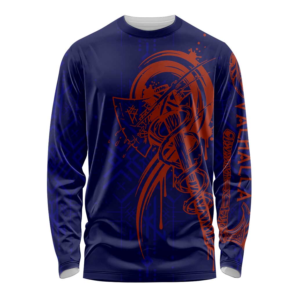 Valhalla Warrior Viking Long Sleeve Shirt with Axes and Norse Symbols Norse Mythology Tribute - Wonder Print Shop