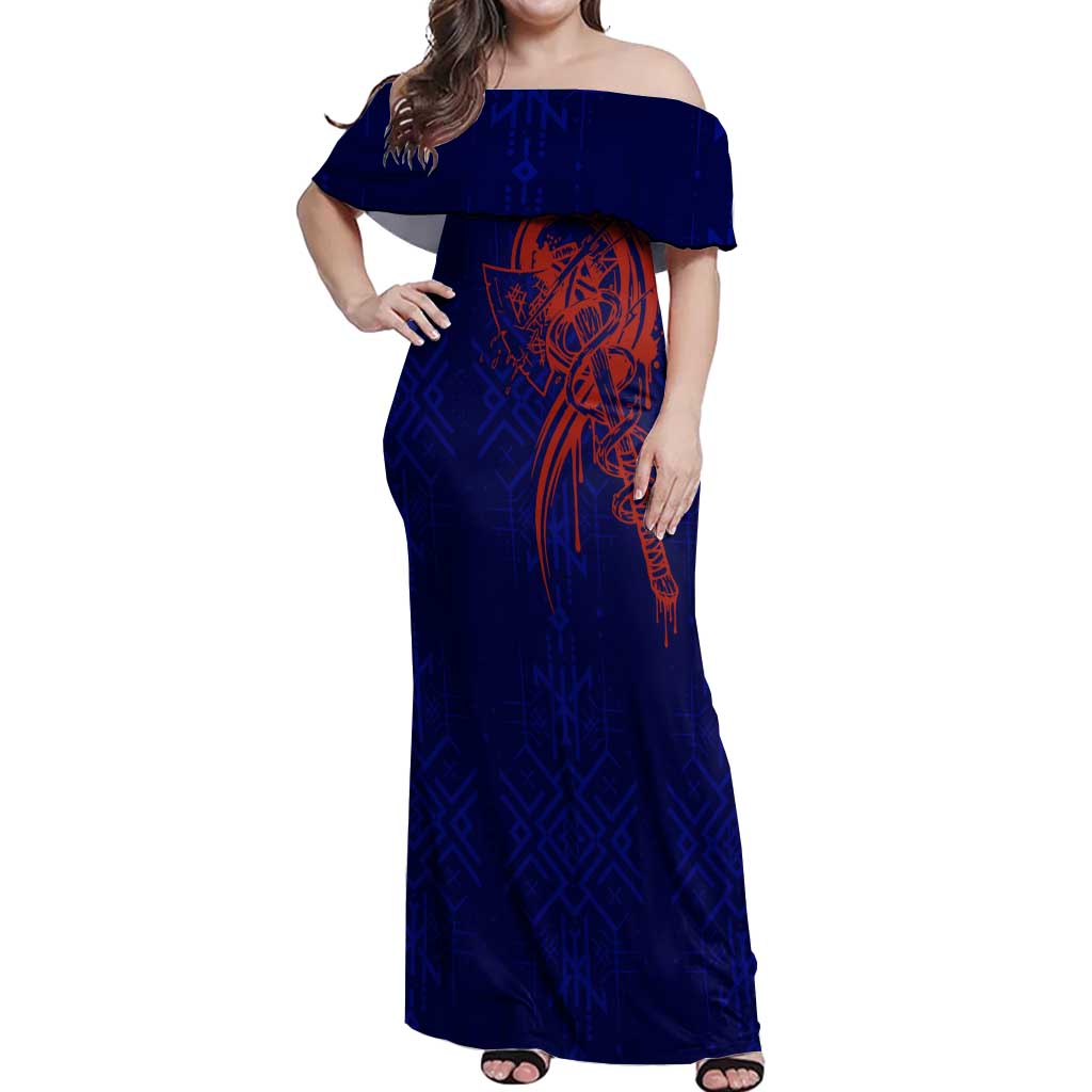Valhalla Warrior Viking Off Shoulder Maxi Dress with Axes and Norse Symbols Norse Mythology Tribute - Wonder Print Shop