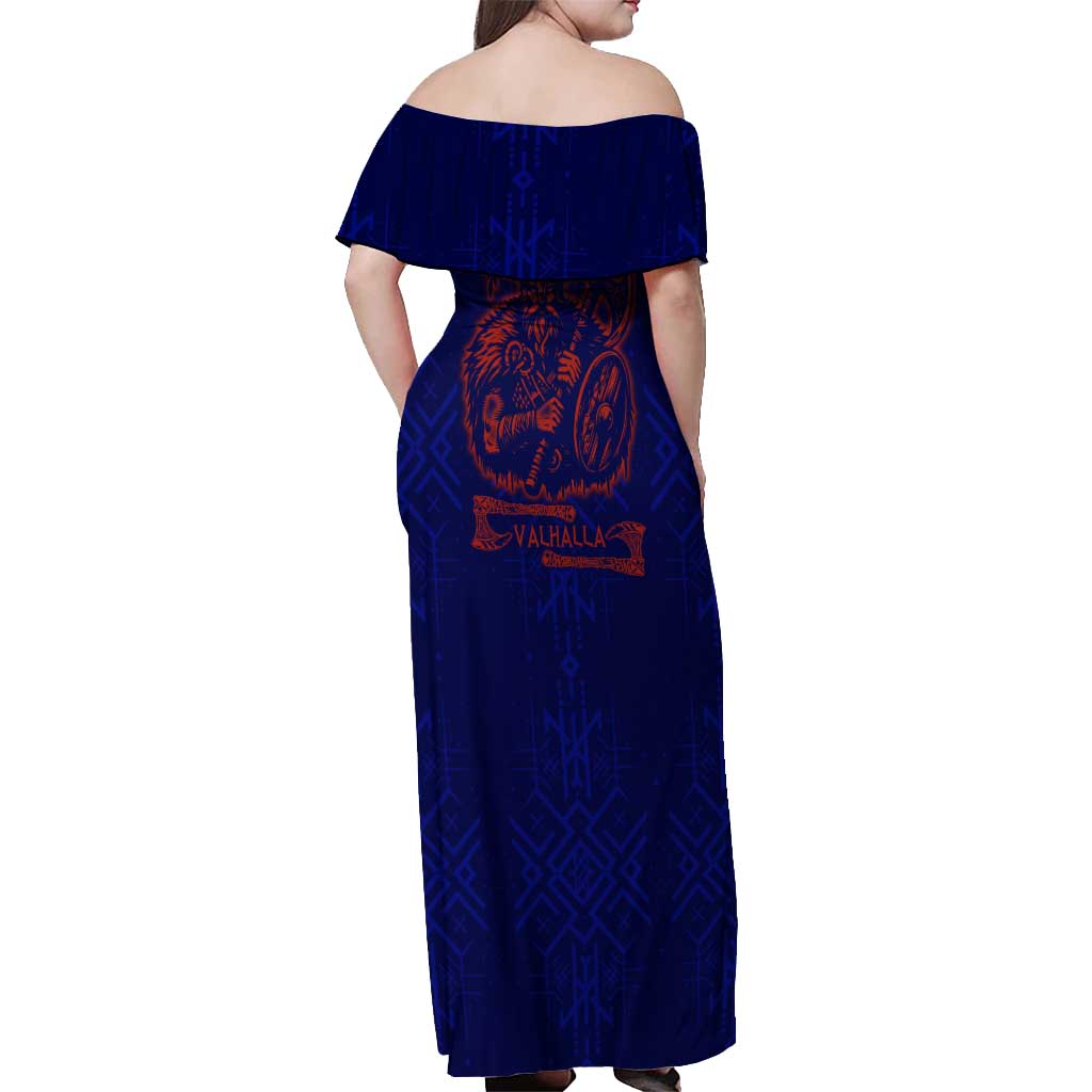 Valhalla Warrior Viking Off Shoulder Maxi Dress with Axes and Norse Symbols Norse Mythology Tribute - Wonder Print Shop