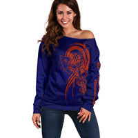 Valhalla Warrior Viking Off Shoulder Sweater with Axes and Norse Symbols Norse Mythology Tribute - Wonder Print Shop