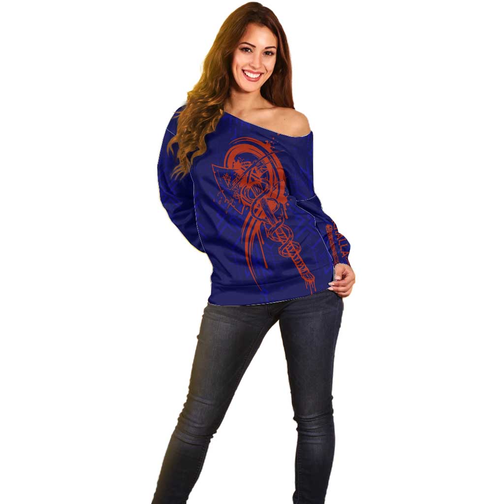 Valhalla Warrior Viking Off Shoulder Sweater with Axes and Norse Symbols Norse Mythology Tribute - Wonder Print Shop