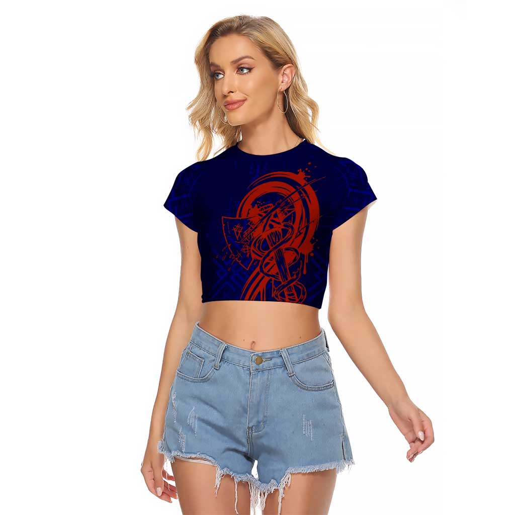 Valhalla Warrior Viking Raglan Cropped T Shirt with Axes and Norse Symbols Norse Mythology Tribute - Wonder Print Shop