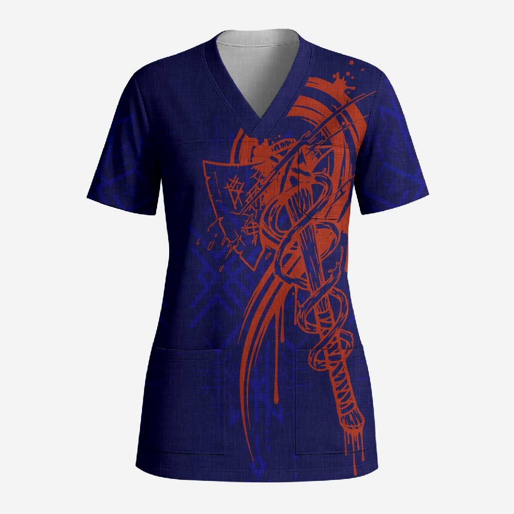 Valhalla Warrior Viking Scrub Top with Axes and Norse Symbols Norse Mythology Tribute - Wonder Print Shop