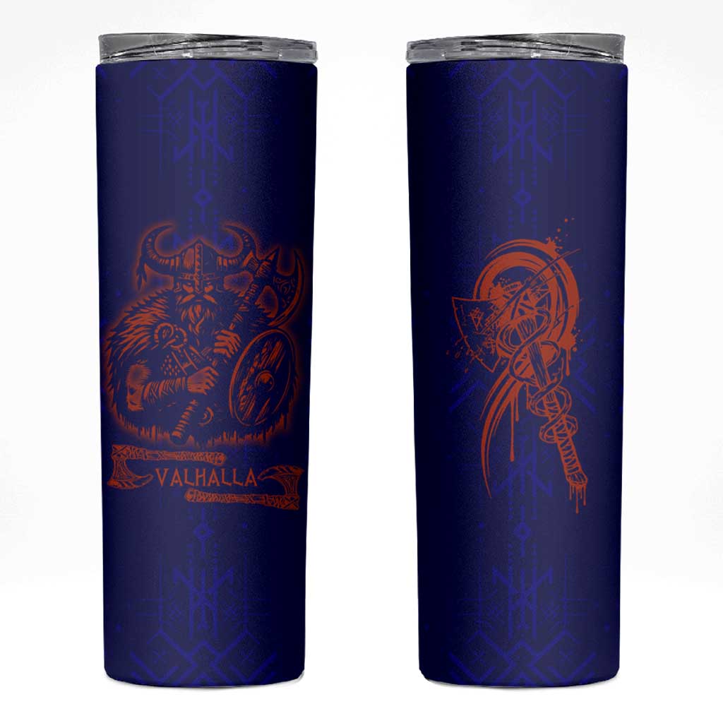 Valhalla Warrior Viking Skinny Tumbler with Axes and Norse Symbols Norse Mythology Tribute - Wonder Print Shop