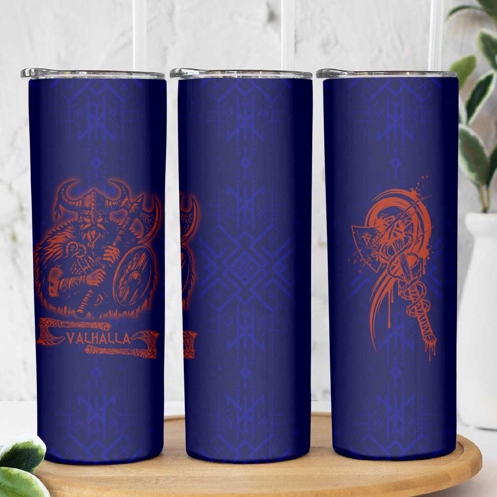 Valhalla Warrior Viking Skinny Tumbler with Axes and Norse Symbols Norse Mythology Tribute - Wonder Print Shop