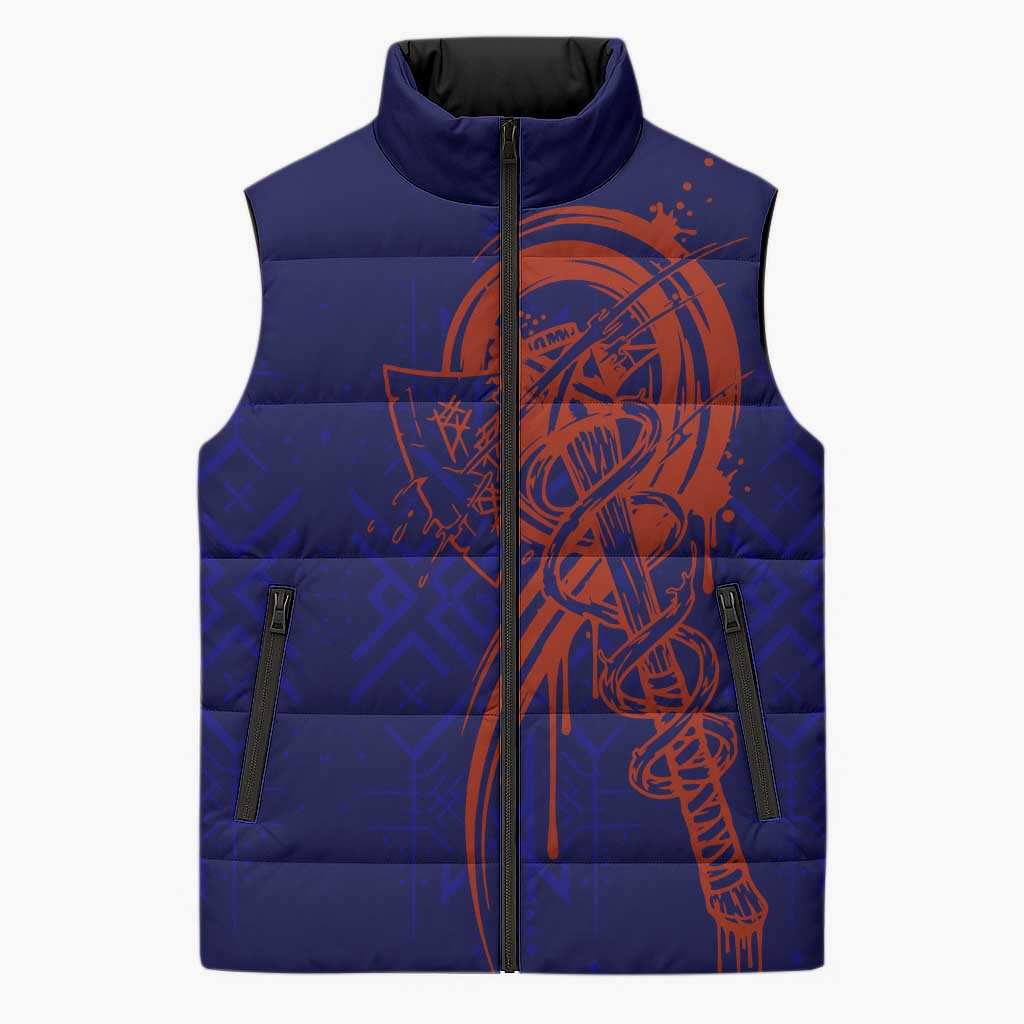 Valhalla Warrior Viking Sleeveless Puffer Jacket with Axes and Norse Symbols Norse Mythology Tribute - Wonder Print Shop