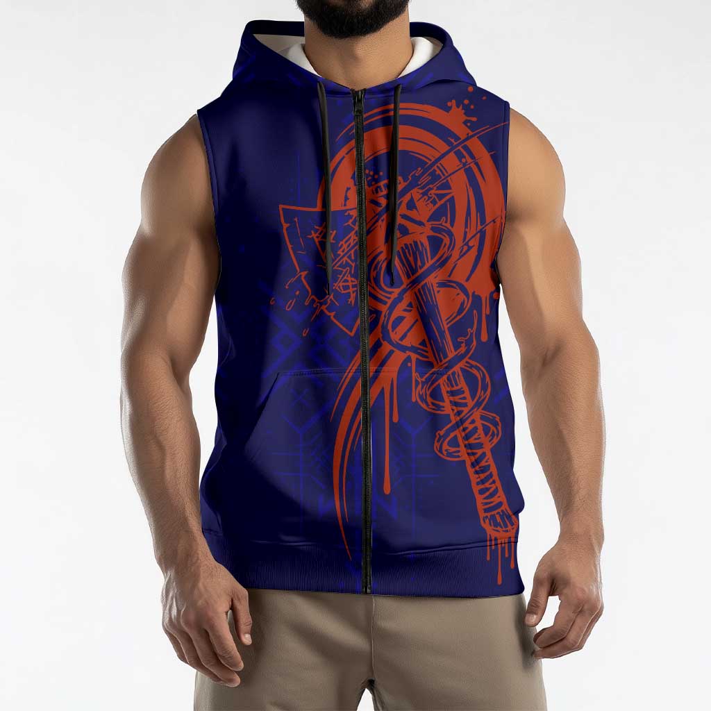 Valhalla Warrior Viking Sleeveless Zip Hoodie with Axes and Norse Symbols Norse Mythology Tribute - Wonder Print Shop