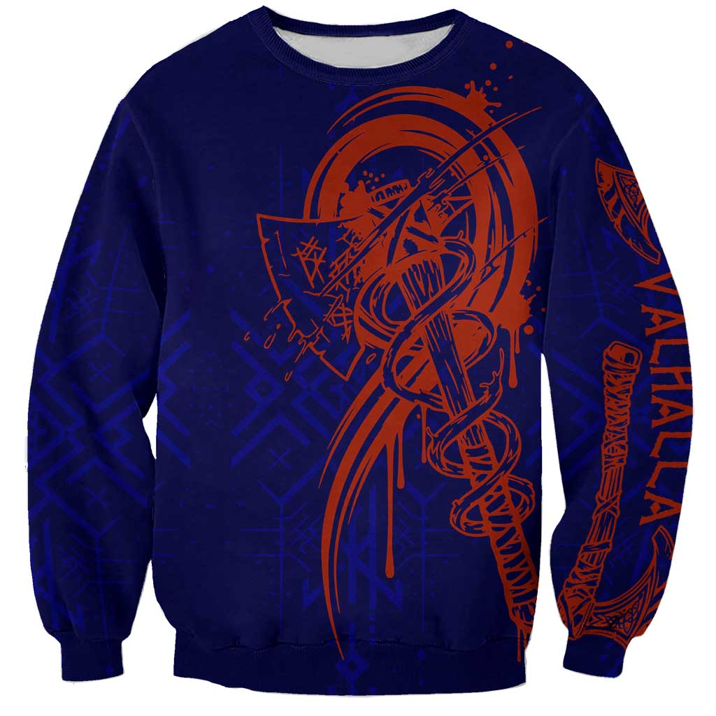 Valhalla Warrior Viking Sweatshirt with Axes and Norse Symbols Norse Mythology Tribute - Wonder Print Shop