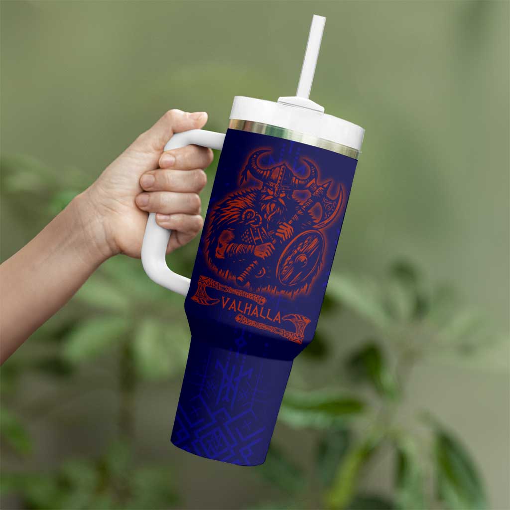 Valhalla Warrior Viking Tumbler With Handle with Axes and Norse Symbols Norse Mythology Tribute - Wonder Print Shop