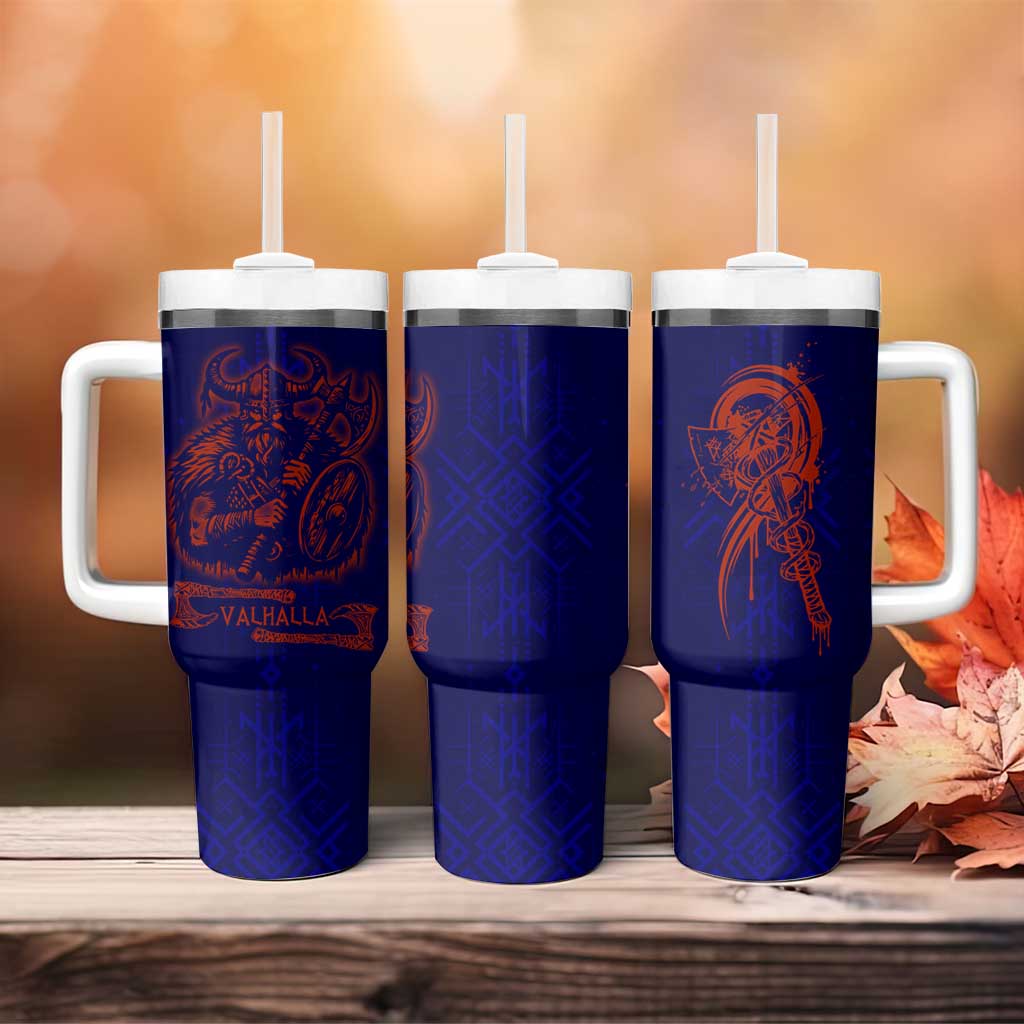 Valhalla Warrior Viking Tumbler With Handle with Axes and Norse Symbols Norse Mythology Tribute - Wonder Print Shop