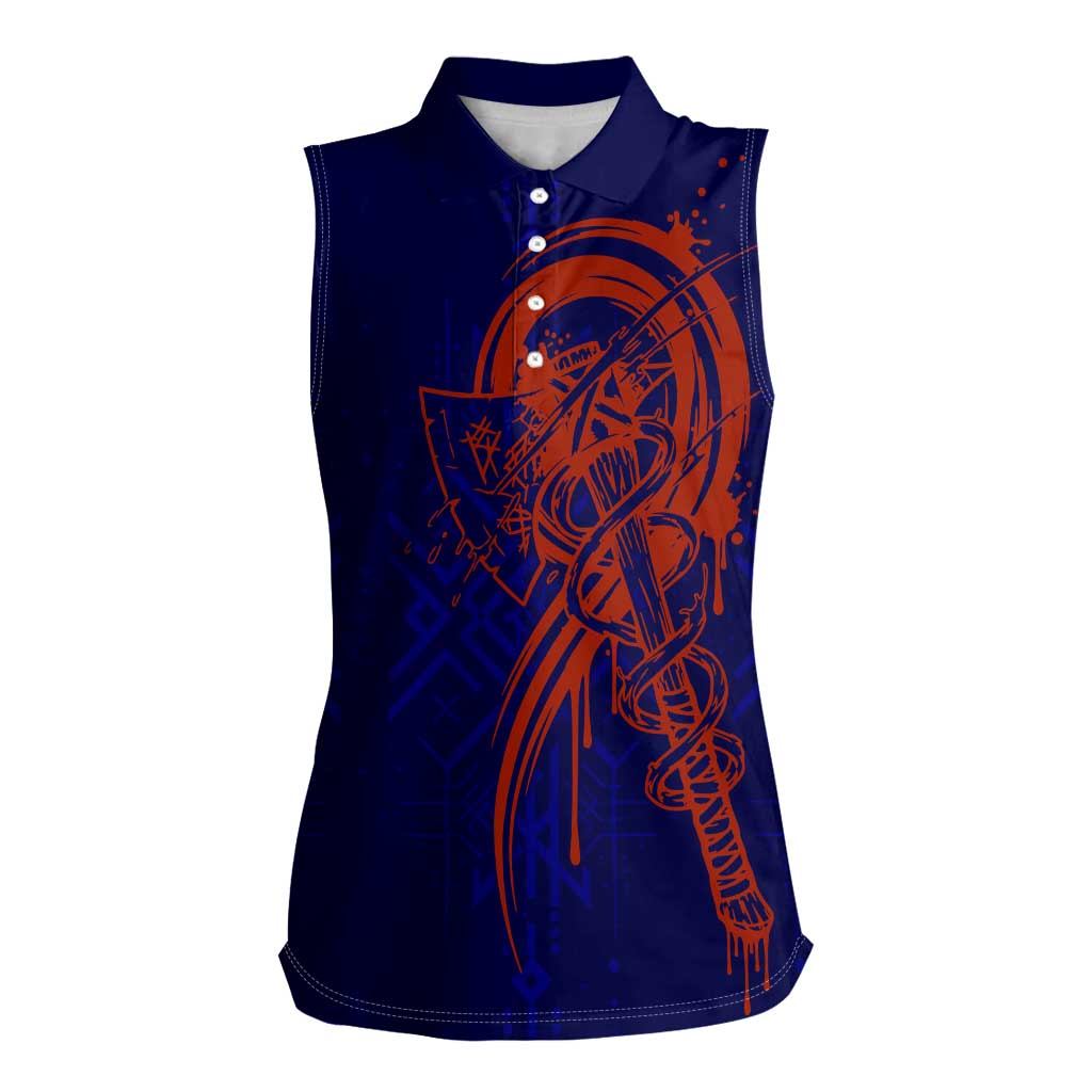 Valhalla Warrior Viking Women Sleeveless Polo Shirt with Axes and Norse Symbols Norse Mythology Tribute - Wonder Print Shop