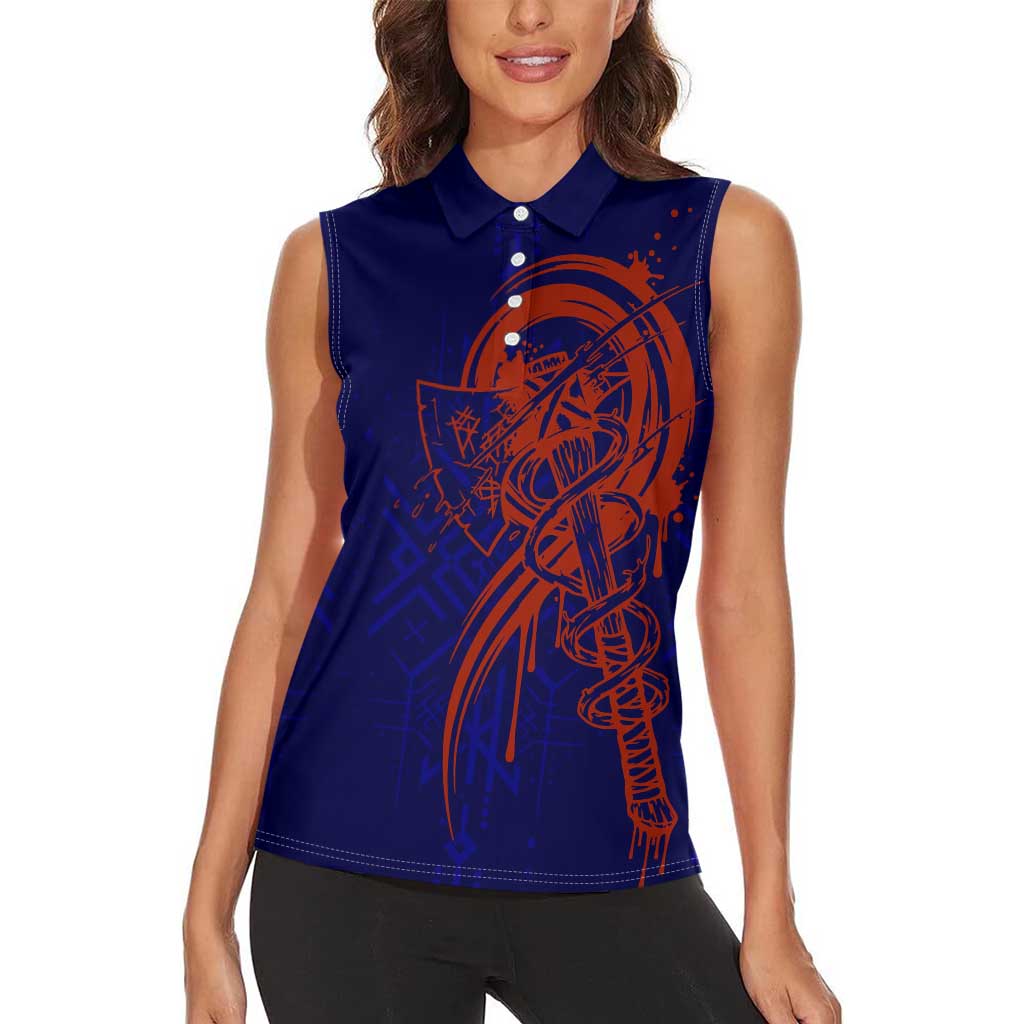 Valhalla Warrior Viking Women Sleeveless Polo Shirt with Axes and Norse Symbols Norse Mythology Tribute - Wonder Print Shop