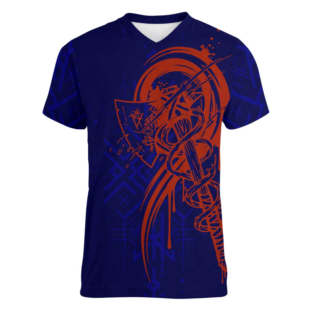 Valhalla Warrior Viking Women V-Neck T-Shirt with Axes and Norse Symbols Norse Mythology Tribute - Wonder Print Shop