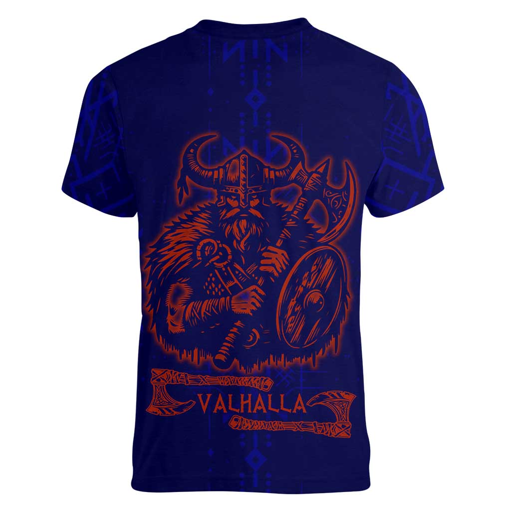 Valhalla Warrior Viking Women V-Neck T-Shirt with Axes and Norse Symbols Norse Mythology Tribute - Wonder Print Shop