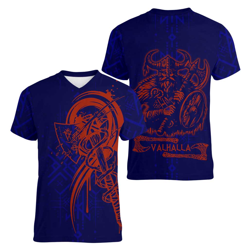 Valhalla Warrior Viking Women V-Neck T-Shirt with Axes and Norse Symbols Norse Mythology Tribute - Wonder Print Shop