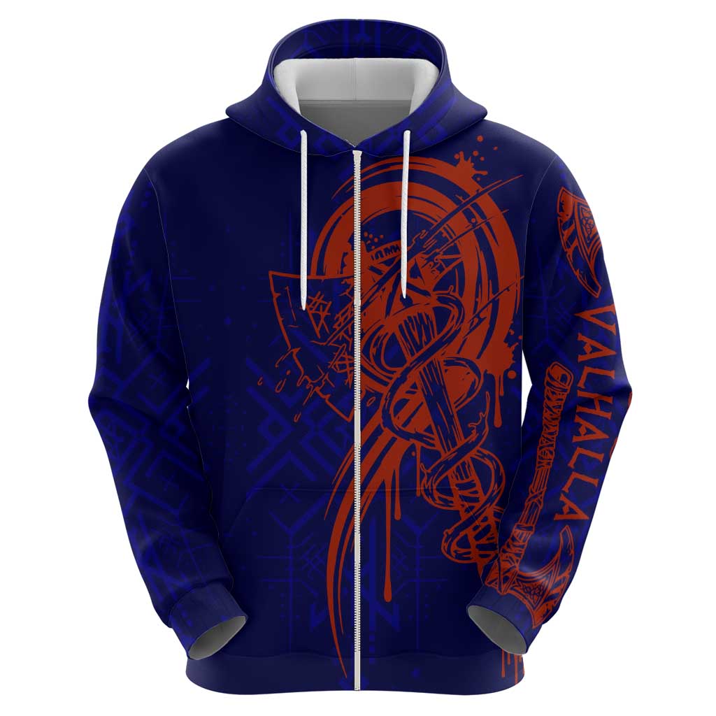 Valhalla Warrior Viking Zip Hoodie with Axes and Norse Symbols Norse Mythology Tribute - Wonder Print Shop