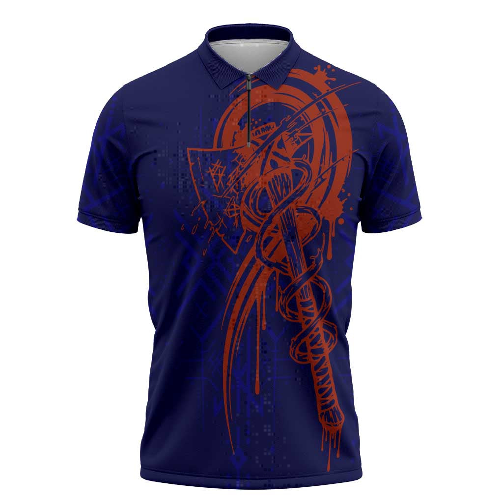 Valhalla Warrior Viking Zipper Polo Shirt with Axes and Norse Symbols Norse Mythology Tribute - Wonder Print Shop