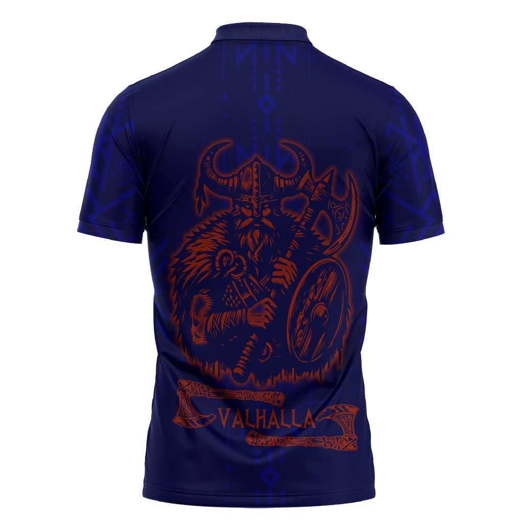 Valhalla Warrior Viking Zipper Polo Shirt with Axes and Norse Symbols Norse Mythology Tribute - Wonder Print Shop
