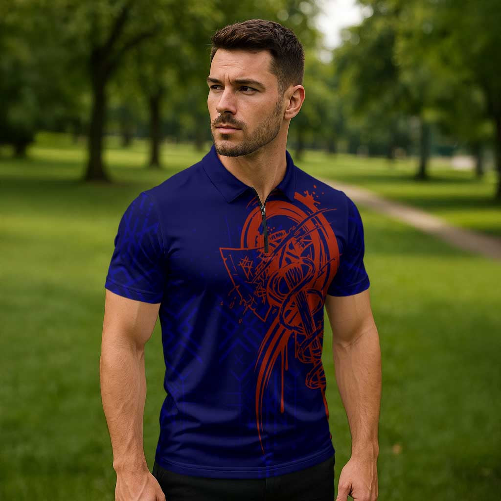 Valhalla Warrior Viking Zipper Polo Shirt with Axes and Norse Symbols Norse Mythology Tribute - Wonder Print Shop
