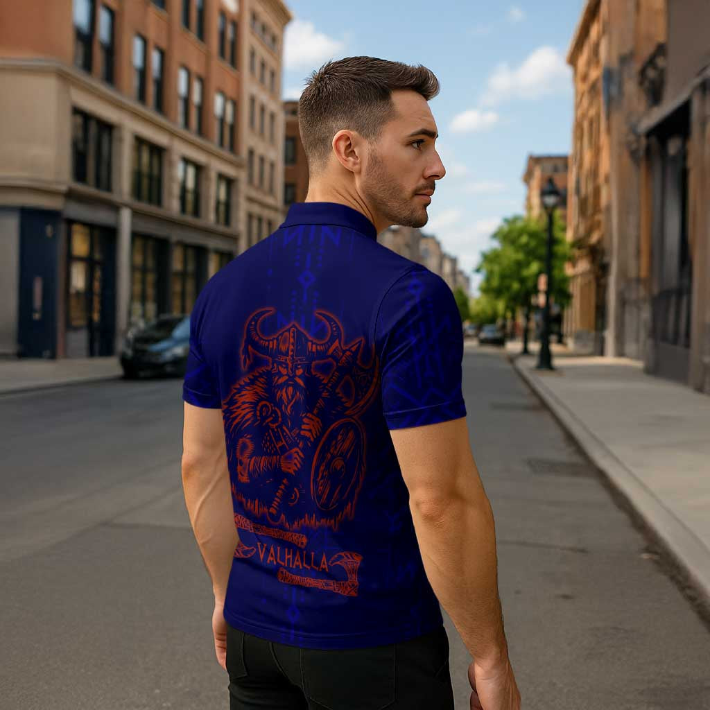 Valhalla Warrior Viking Zipper Polo Shirt with Axes and Norse Symbols Norse Mythology Tribute - Wonder Print Shop