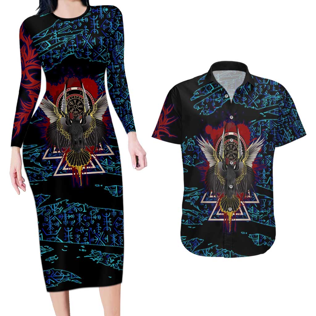 Odin Raven Viking Couples Matching Long Sleeve Bodycon Dress and Hawaiian Shirt with Valknut and Runes Norse Mythology and Magic Tribute - Wonder Print Shop