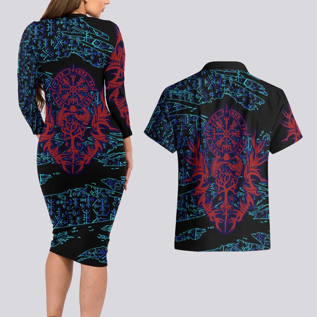 Odin Raven Viking Couples Matching Long Sleeve Bodycon Dress and Hawaiian Shirt with Valknut and Runes Norse Mythology and Magic Tribute - Wonder Print Shop