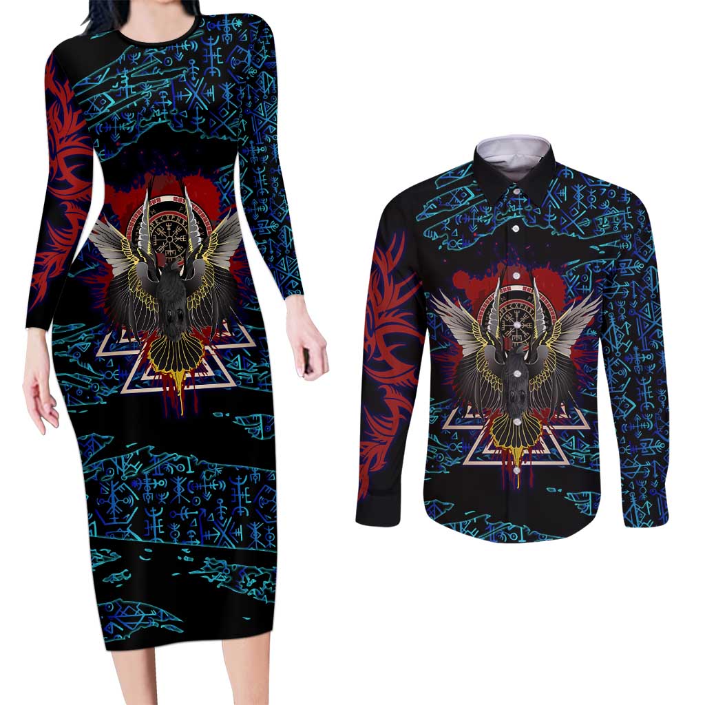 Odin Raven Viking Couples Matching Long Sleeve Bodycon Dress and Long Sleeve Button Shirt with Valknut and Runes Norse Mythology and Magic Tribute - Wonder Print Shop