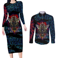Odin Raven Viking Couples Matching Long Sleeve Bodycon Dress and Long Sleeve Button Shirt with Valknut and Runes Norse Mythology and Magic Tribute - Wonder Print Shop