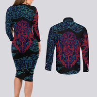 Odin Raven Viking Couples Matching Long Sleeve Bodycon Dress and Long Sleeve Button Shirt with Valknut and Runes Norse Mythology and Magic Tribute - Wonder Print Shop