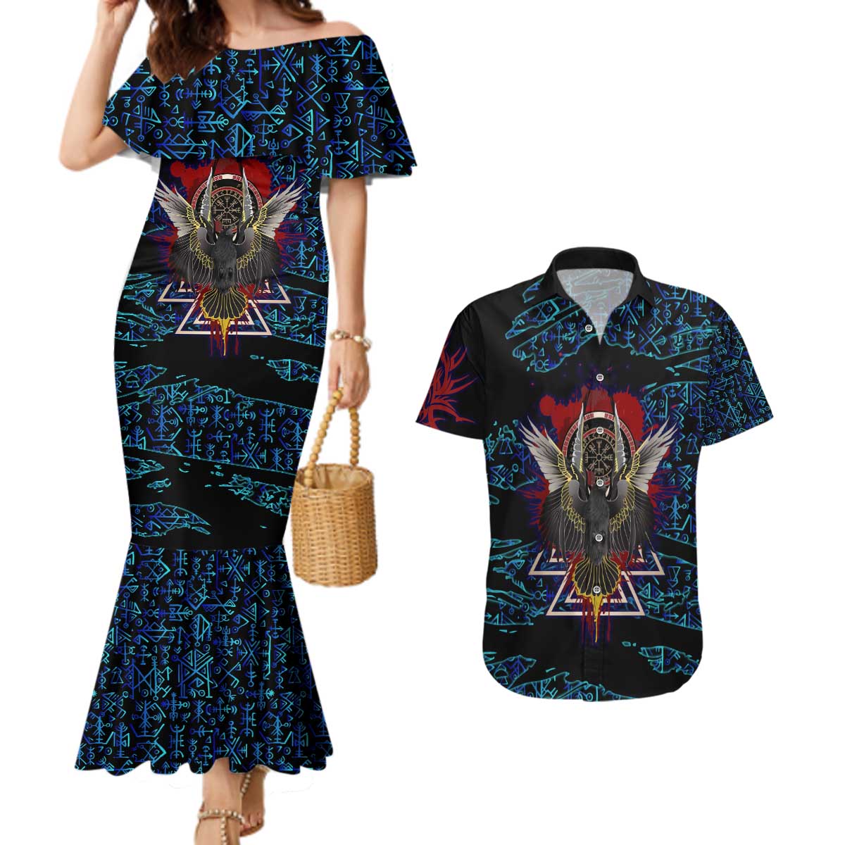 Odin Raven Viking Couples Matching Mermaid Dress and Hawaiian Shirt with Valknut and Runes Norse Mythology and Magic Tribute - Wonder Print Shop
