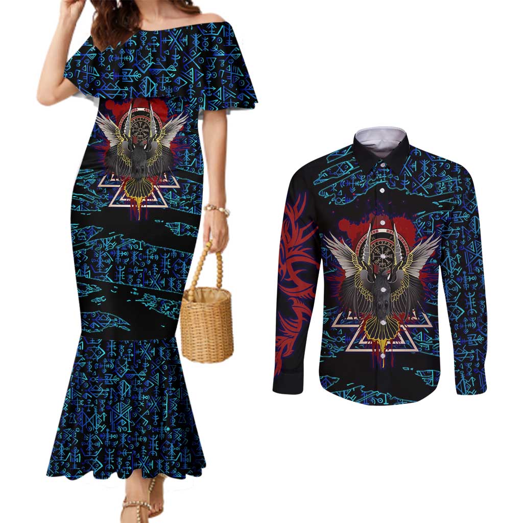 Odin Raven Viking Couples Matching Mermaid Dress and Long Sleeve Button Shirt with Valknut and Runes Norse Mythology and Magic Tribute - Wonder Print Shop