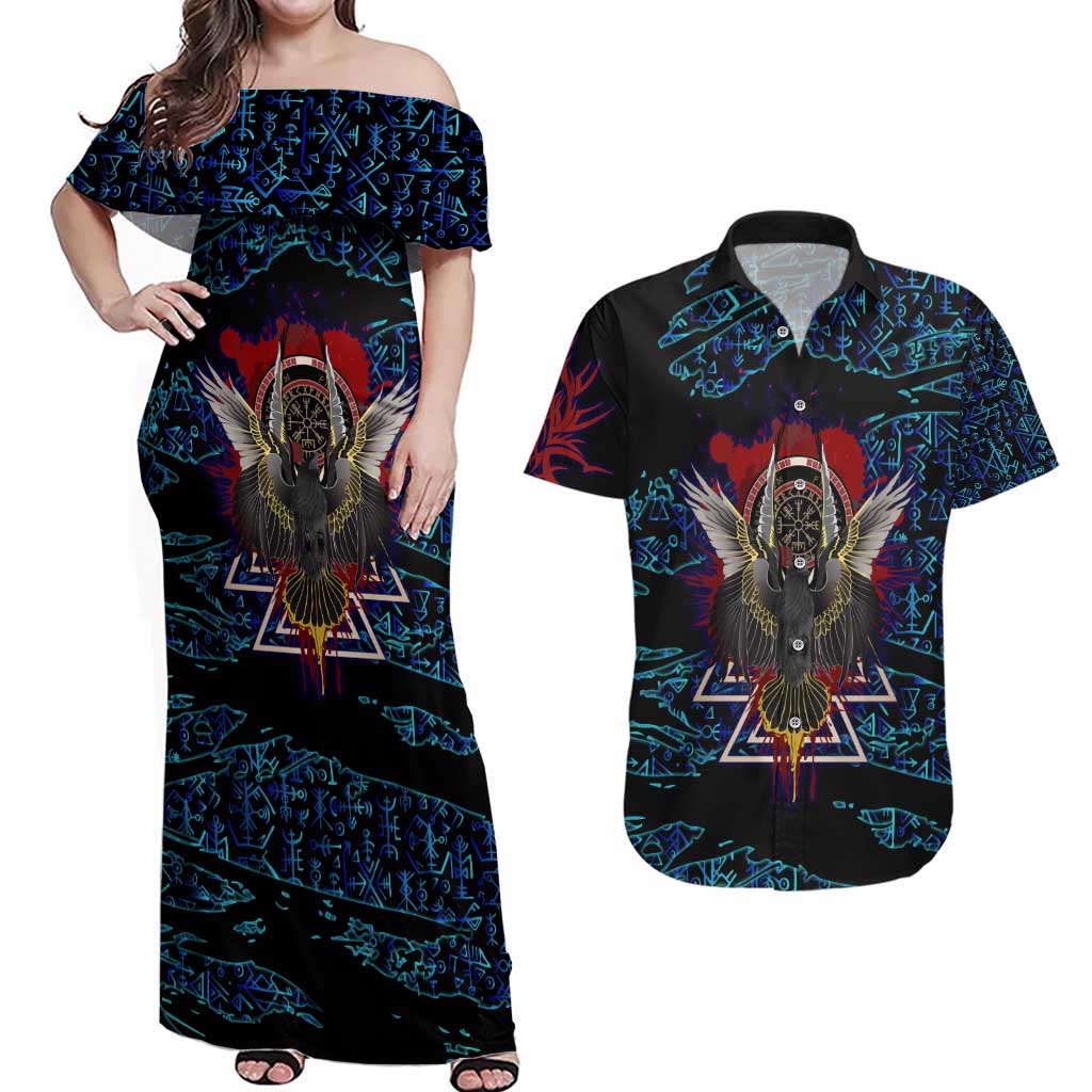 Odin Raven Viking Couples Matching Off Shoulder Maxi Dress and Hawaiian Shirt with Valknut and Runes Norse Mythology and Magic Tribute - Wonder Print Shop