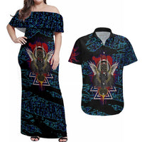 Odin Raven Viking Couples Matching Off Shoulder Maxi Dress and Hawaiian Shirt with Valknut and Runes Norse Mythology and Magic Tribute - Wonder Print Shop