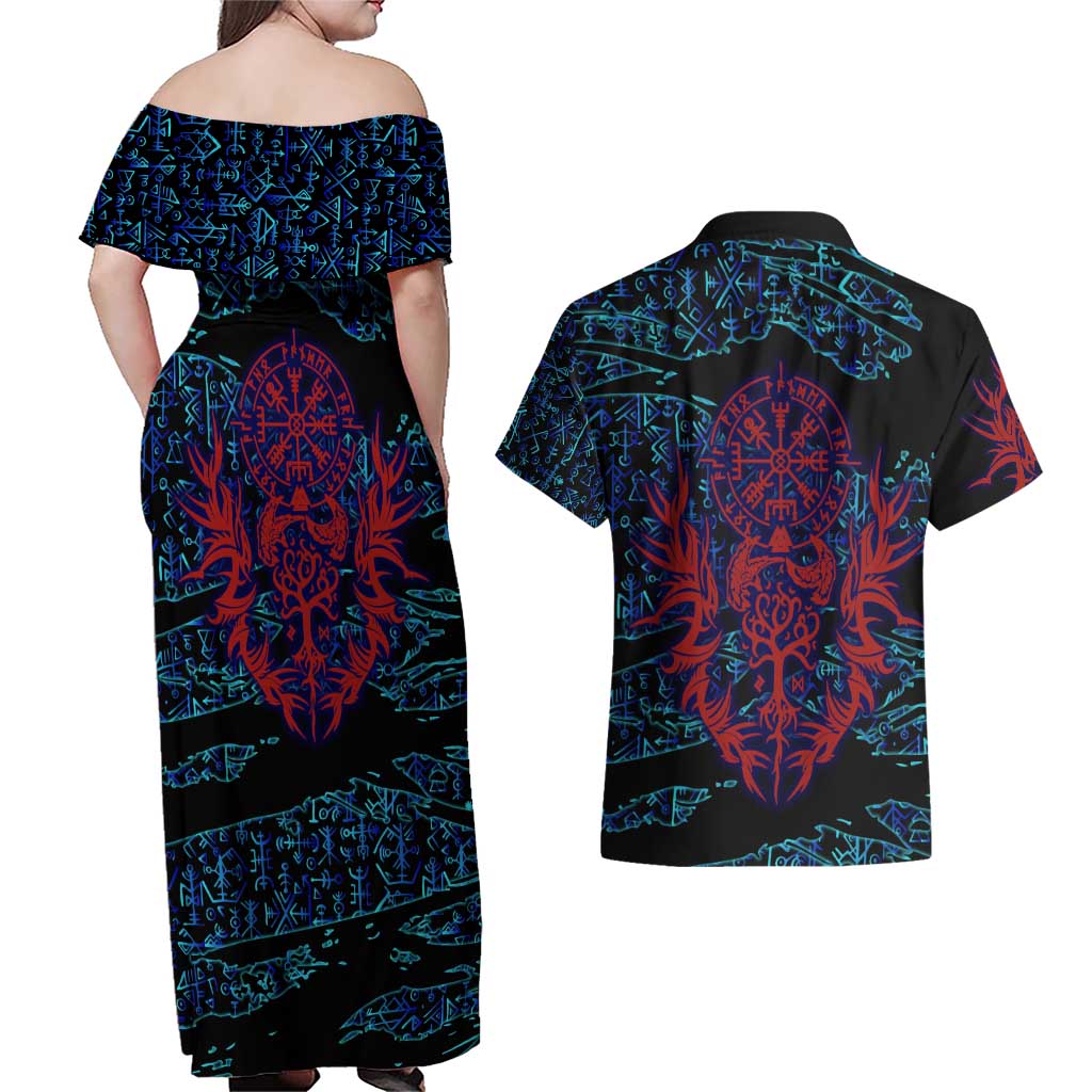 Odin Raven Viking Couples Matching Off Shoulder Maxi Dress and Hawaiian Shirt with Valknut and Runes Norse Mythology and Magic Tribute - Wonder Print Shop