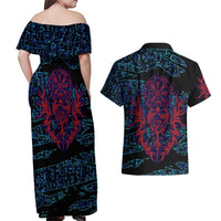 Odin Raven Viking Couples Matching Off Shoulder Maxi Dress and Hawaiian Shirt with Valknut and Runes Norse Mythology and Magic Tribute - Wonder Print Shop