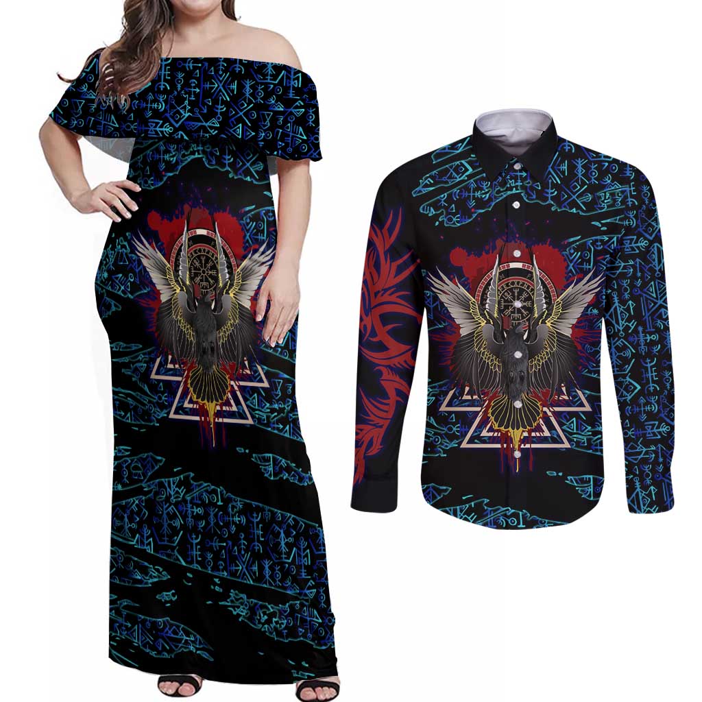 Odin Raven Viking Couples Matching Off Shoulder Maxi Dress and Long Sleeve Button Shirt with Valknut and Runes Norse Mythology and Magic Tribute - Wonder Print Shop